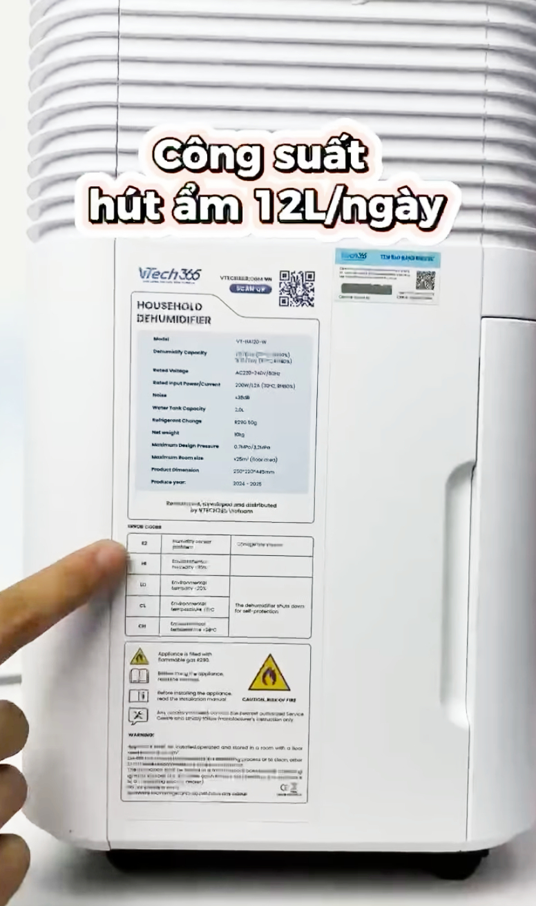 Máy hút ẩm Vtech365 VT-HA120 cho phòng 25m2 7 may hut am VTECH365 VT-HA120-W cong suat 12l/ngay